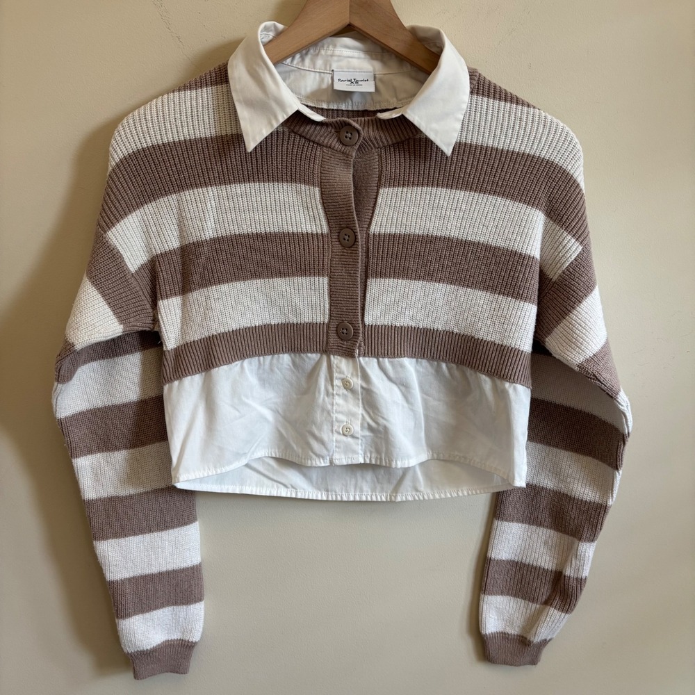 Social Tourist XS Brown White Striped Cropped Layered Shirt Sweater Cardigan